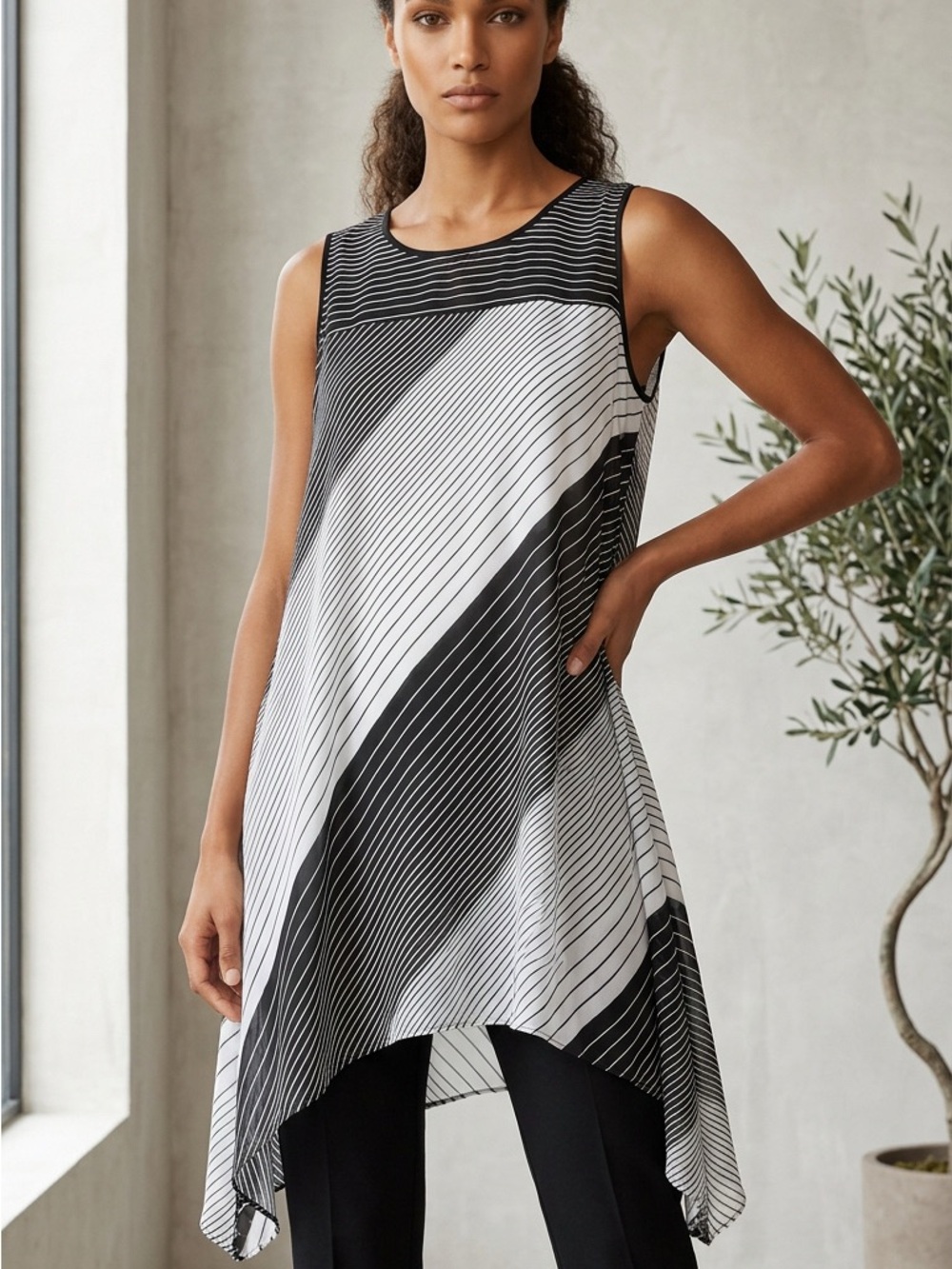 Tangerine Black & White Diagonal-Stripe Asymmetrical Tunic